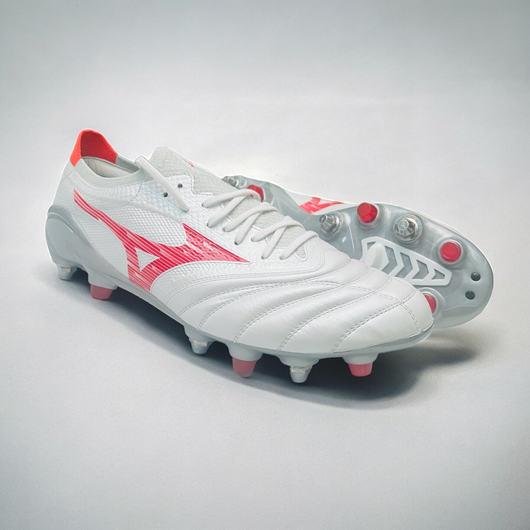 Mizuno Morelia Neo IV Beta Elite Mix SG - White/Radiant Red/Hot Coral