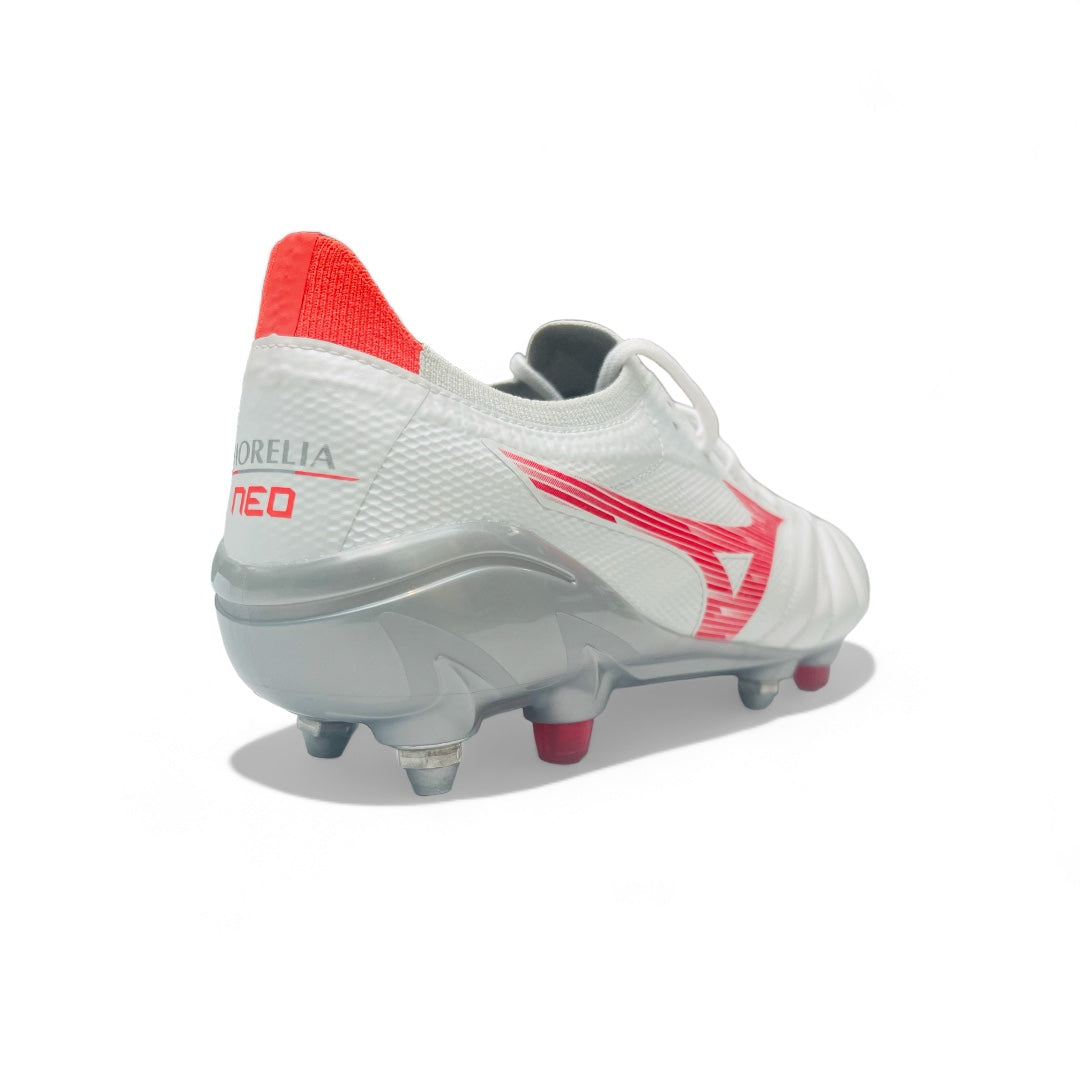 Mizuno Morelia Neo IV Beta Elite Mix SG - White/Radiant Red/Hot Coral